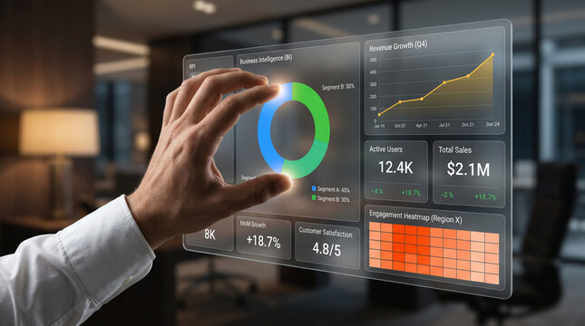 Hand swiping a holographic BI dashboard with donut chart, KPI cards, gold trend line, and heatmap on a dark premium background.