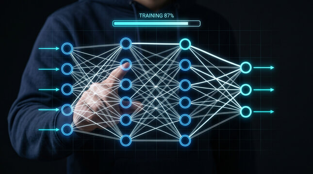 Hand reaching toward a glowing neural network hologram with training progress bar and data flow on a deep dark tech background.