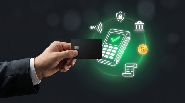 Hand holding a dark card toward a glowing green payment terminal with NFC, bank, shield, and coin icons on a premium dark background.