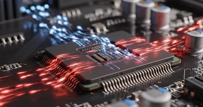 High-tech microprocessor on a circuit board with glowing data streams and metallic components