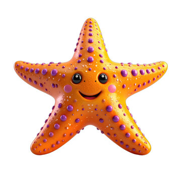 A vibrant, cartoon-style starfish with a cheerful expression sits against a stark black background, showcasing a playful and whimsical design.
