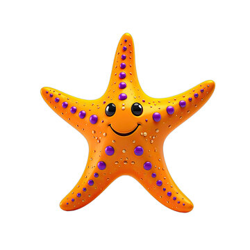A whimsical, cartoon-style orange starfish with purple polka dots and a cheerful smile is isolated against a stark black background.