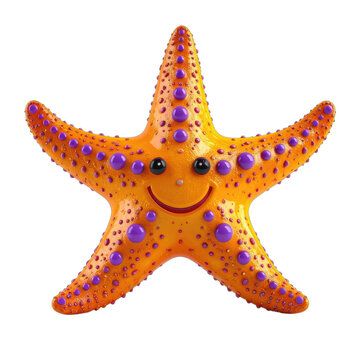 A vibrant, cartoon-style orange starfish with purple dots and a cheerful smile is prominently displayed against a stark black background.