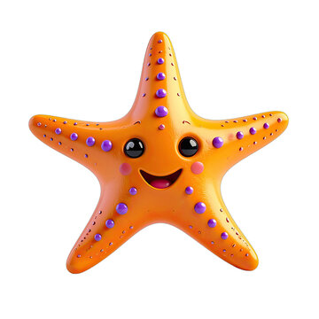 A whimsical, cartoon-style orange starfish with purple accents and a cheerful expression is isolated against a stark black background, creating a playful and vibrant visual.