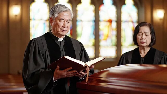 Elderly Asian minister reading from a book at a funeral service, with a woman grieving beside a casket in a church with stained glass windows