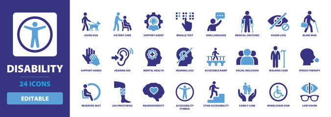 Disability solid icon set including guide dog, sign language, braille text, hearing aid, wheelchair sign, accessible ramp, leg prosthesis, and mental health awareness symbols. © Sultan