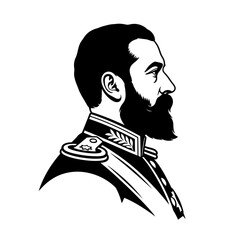 Vintage military man, bearded officer, black and white vector, profile portrait, uniform illustration vector eps silhouette © Mariajahan