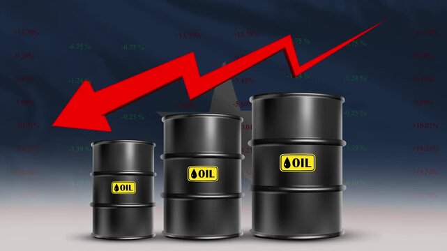 Somalia flag with oil barrels and red downward arrow falling crude prices economic decline