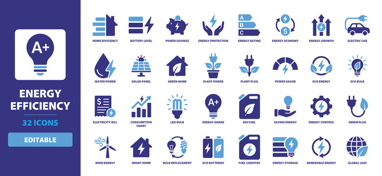 Energy Efficiency Icon Set with home efficiency, battery level, power savings, energy protection, energy rating, and energy economy for sustainable living.