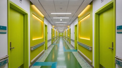 Naklejka premium Modern hospital corridor with bright lime green walls and interior lighting