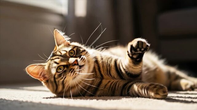 Cat lying on back in playful relaxed pose
