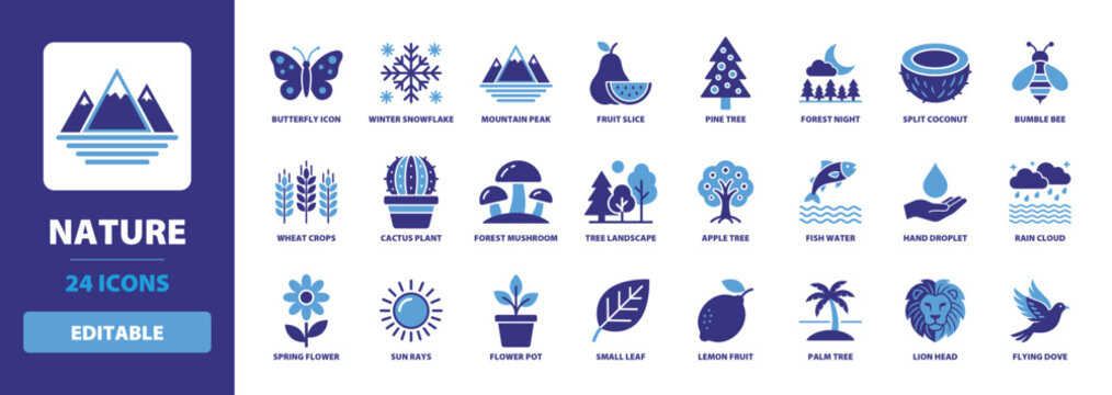 Nature Glyph Icon Set including butterfly icon, winter snowflake, mountain peak, fruit slice, pine tree, forest night, split coconut, and bumble bee for environment themes.