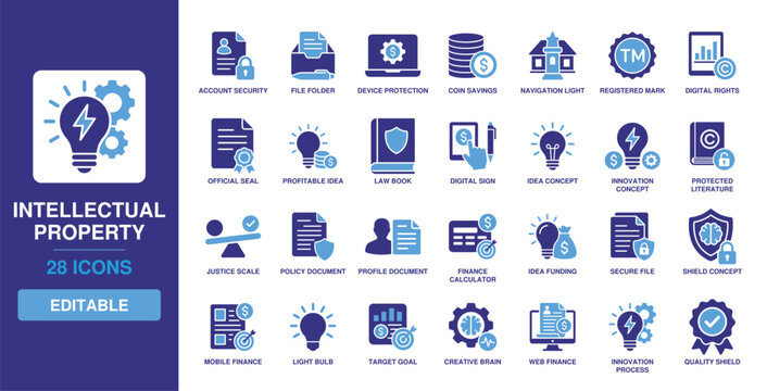 Intellectual Property Icon Set including account security, file folder, device protection, registered mark, digital rights, official seal, and profitable idea.