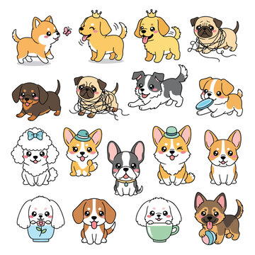 Collection of 15 cartoon dogs in various breeds and poses on a white background with a playful and