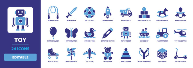 Toy Icon Set featuring skipping rope, toy sword, soccer ball, space rocket, dump truck, building blocks, rocking horse, and baby pacifier for kids and nursery apps. © Sultan