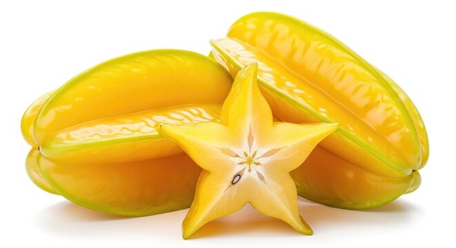 A vibrant still life of star carambola fruit a tropical delight with sliced sections on a white background