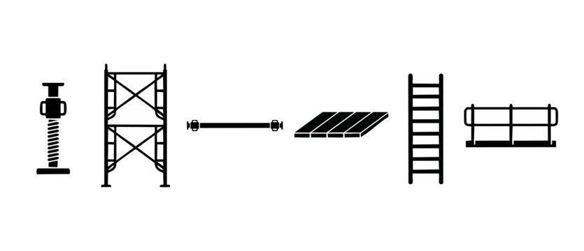 Construction Scaffolding Components Icon Set, Building Equipment Parts including Metal Frames, Leveling Jacks, Ladders, Planks and Guardrails for Industrial Work Sites, Flat Vector Design isolated on