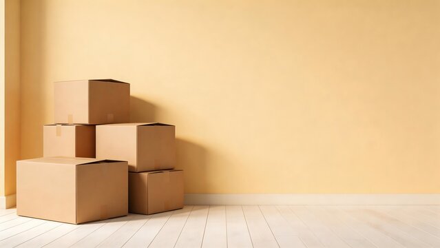 Stacked cardboard boxes in empty room