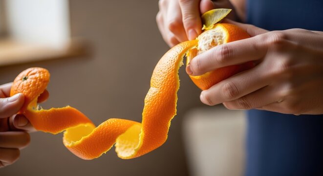 Close up of hands peeling a vibrant orange revealing fresh citrus segments and aromatic zest a healthy snacking moment