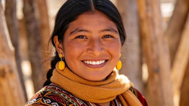 Smiling woman with yellow scarf and earrings