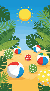 A beach scene with colorful beach balls and palm trees
