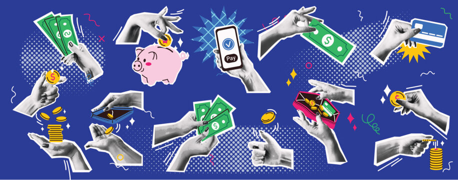 Retro Zine Style Money Transactions and Banking Vector Set, A creative collection of financial and payment-themed collage elements in a modern zine or papercut style
