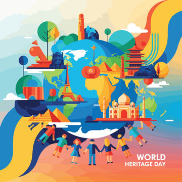 Colorful illustration of a globe with landmarks