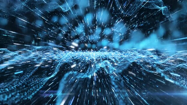 Abstract Blue Digital Network Flowing Through Futuristic Space.