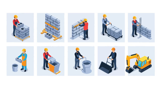 Construction workers building brick walls. Isometric illustration set. Flat vector design for construction process.