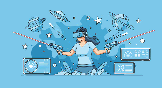 Gamer wearing a virtual reality headset and using laser controllers to play an action packed space exploration game with planets and ufos.