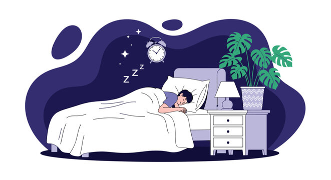 Young man sleeps peacefully in a cozy bed at night with a digital alarm clock and a green potted plant on the bedside table nearby.