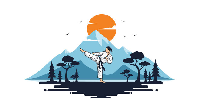 Martial artist performs a powerful high kick in front of a majestic mountain range and a large orange setting sun in the distance.