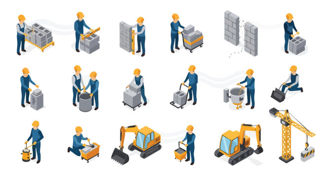Isometric construction workers set. Building process. Flat vector illustration. Construction site.