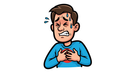 Fototapeta premium Cartoon illustration of a man clutching his chest in pain, with a distressed expression and sweat on his brow, set against a plain white background
