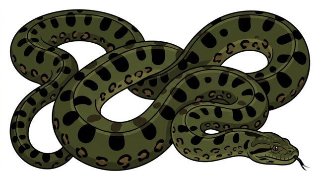 Green Anaconda Snake Illustration Isolated on White Background