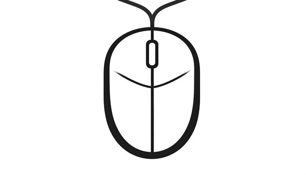 Black and white illustration of a computer mouse, showing the top view with scroll wheel and cord against a white background