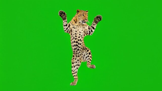 leopard dancing on green screen background for vfx video
