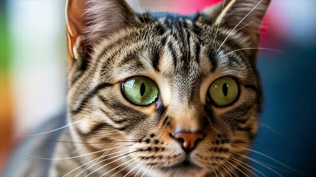 Tabby cat with green eyes portrait close up