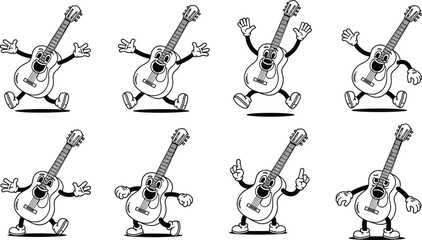 Fototapeta premium Cute Cartoon Acoustic Guitar Character Mascot Running Jumping and Dancing in Various Funny Animated Poses on White Background
