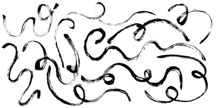 Abstract Brush Squiggle Set. Grunge doodle curly one line waves. Vector charcoal, brush stroke wiggly lines. Curve underline, scribble swoosh swirls and spirals. 
