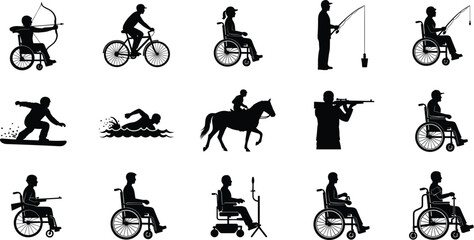 Naklejka premium Black Silhouette Set of Disabled and Active People Doing Sports and Activities in Wheelchair Collection