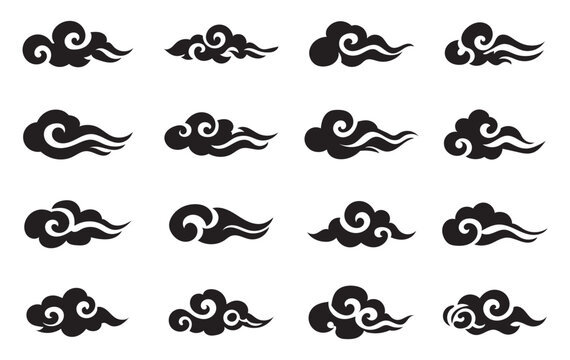 Collection of red cloud shapes in various designs on a white background in a grid pattern