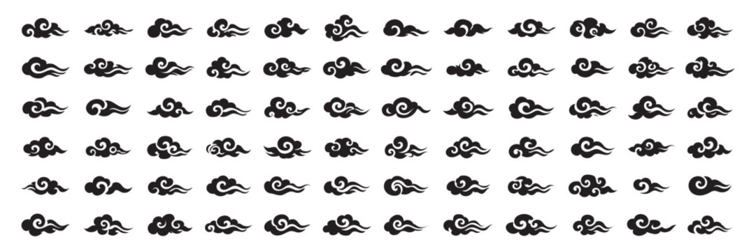 Traditional Japanese clouds and water waves set, oriental style hand drawn vector elements, vintage chinese cloud patterns for decorative design