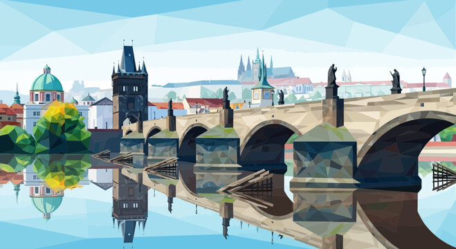 Prague Charles Bridge low poly geometric illustration with Vltava river reflection