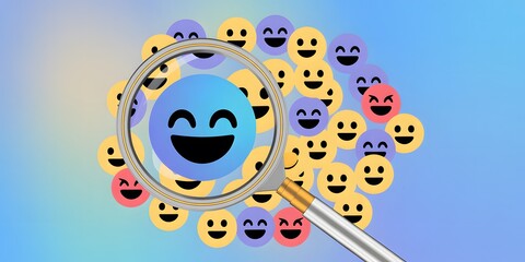Fototapeta premium Digital illustration of a magnifying glass highlighting a joyful blue emoji among a diverse crowd, symbolizing positive feedback, selection, or discovering happiness