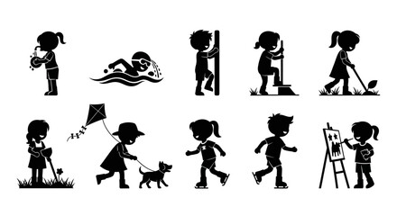 Fototapeta premium Set of Children Activities Silhouettes Icons