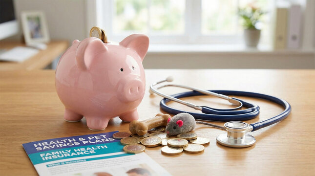 Piggy bank with stethoscope and coins on wooden desk