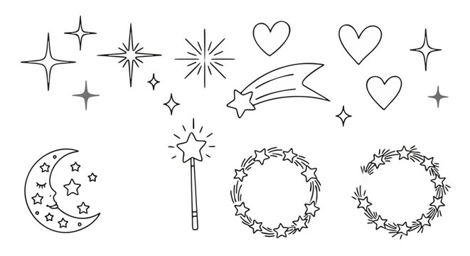 Hand drawn celestial doodle set with stars and moon, whimsical magic wand and heart icons, black and white star wreath vector illustrations