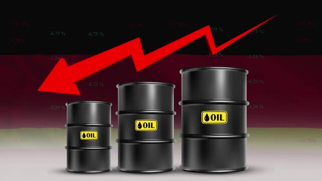Germany flag with oil barrels and red downward arrow falling crude prices economic decline