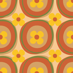 Retro 70s Floral Geometric Seamless Pattern. Vintage Groovy Background. Graphic Design Element. © khafid